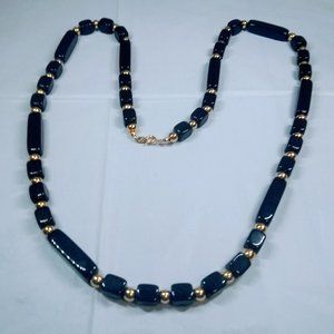 Trifari 30" Faux Onyx/Gold Tone Necklace